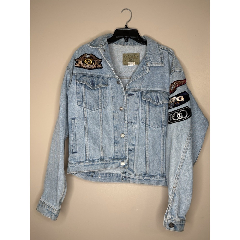 Vtg Gap Denim Jacket Men Medium Blue Patches Biker Trucker‎ Retro Y2K Grunge